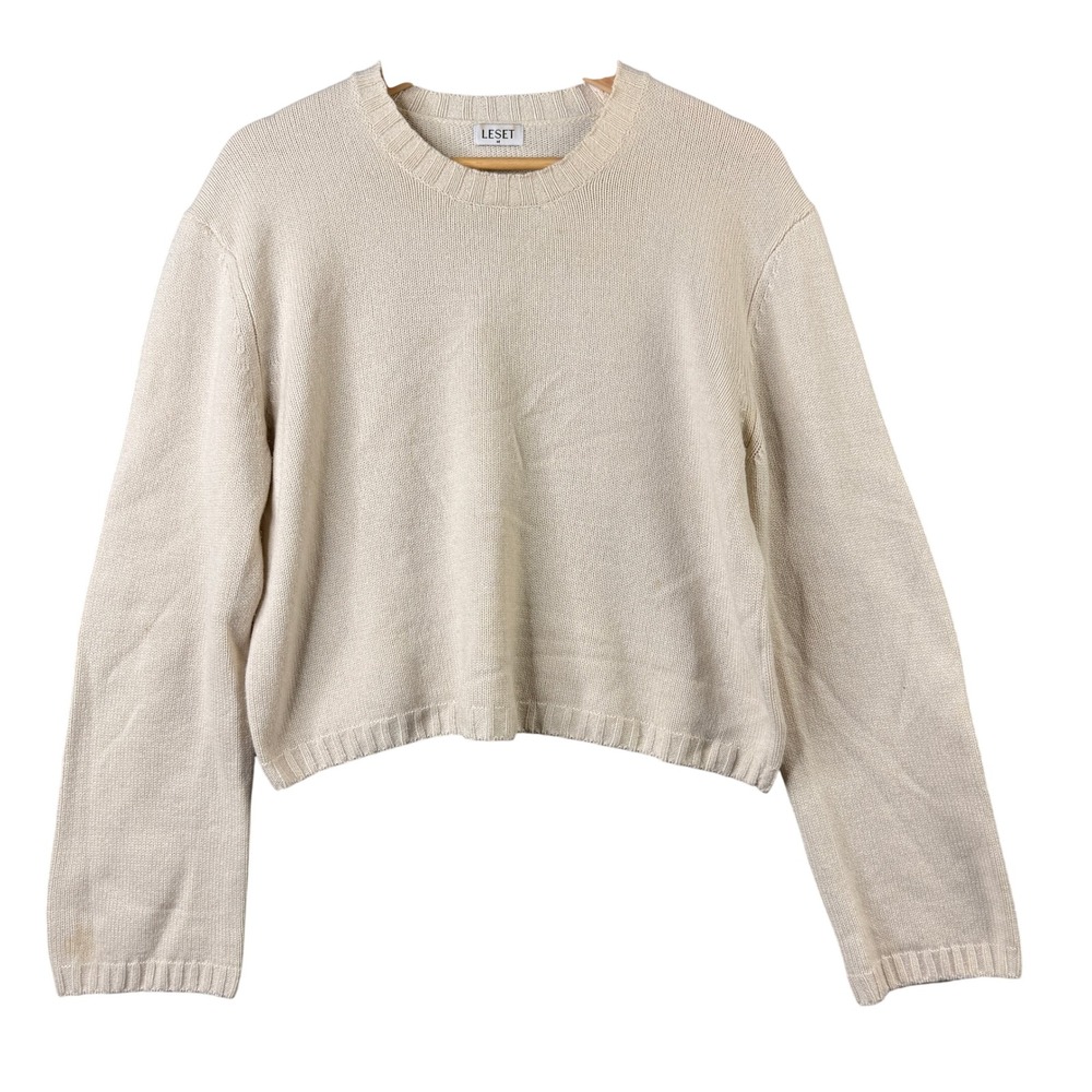 LESET Cream Cashmere Lambswool Blend Cropped Crewneck Sweater Womens Medium